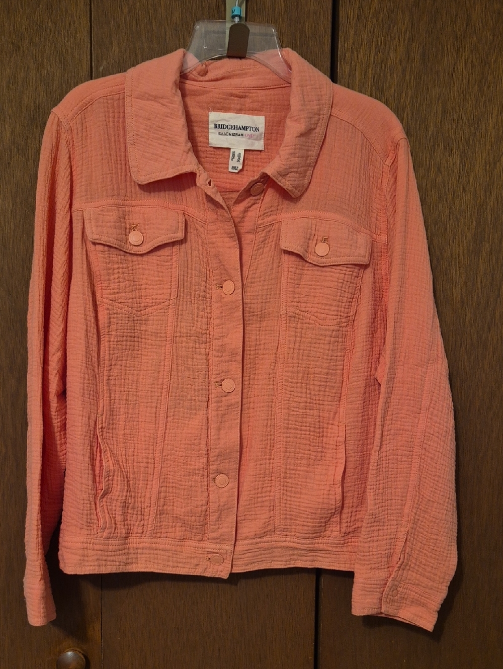 Issac Mizrahi Live Womens Sea Coral Textured Button-Front Jacket Sz 1X